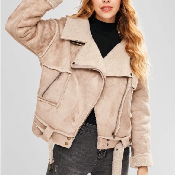 Zaful Jackets & Blazers - NEW - Faux Suede Belted Pocket Coat - Light Khaki